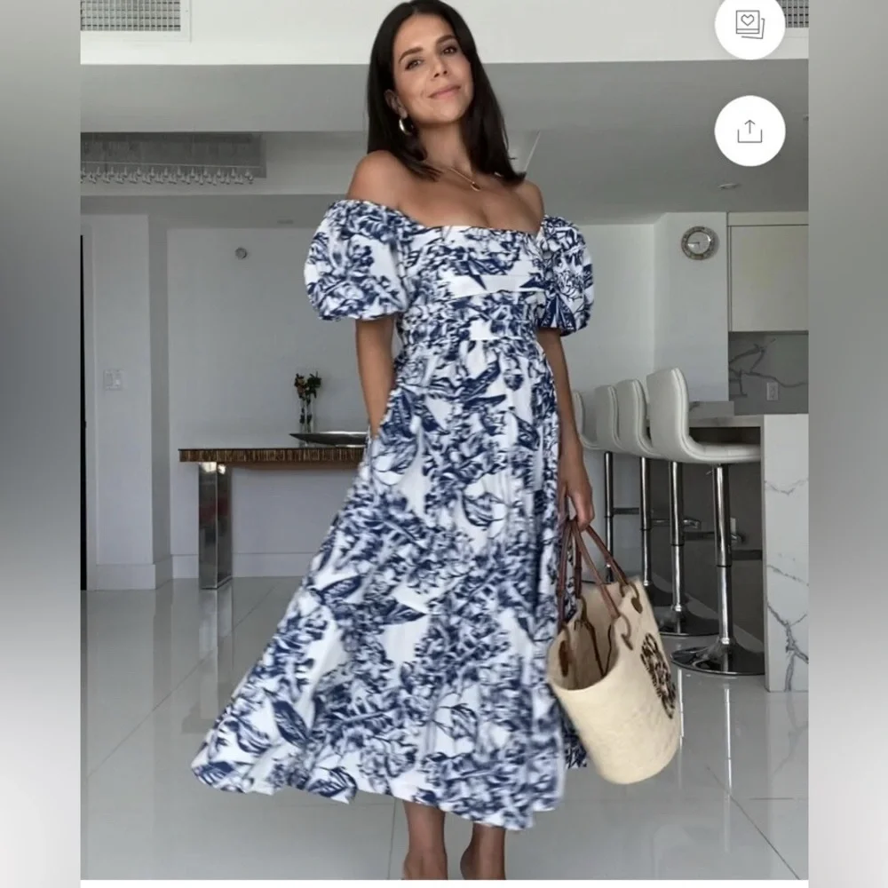 Abercrombie & Fitch Emerson Poplin Puff Sleeve Midi Dress in Blue Floral M - Picture 3 of 10